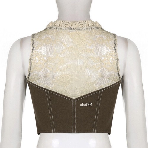 Women Crop Vest Waistcoat Gilet Sleeveless Top Lace Button Ruffle Retro New - Picture 19 of 24
