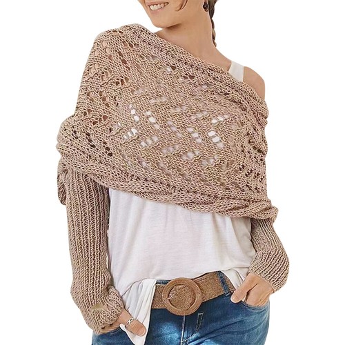 Women's Cable Knitted Wrap Slouchy Oversized Cardigan Sweater Scarf with Sleeves - Picture 20 of 21