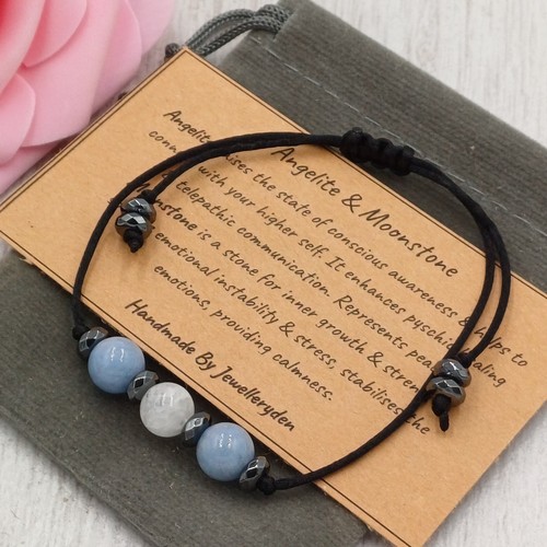 ANGELITE & MOONSTONE Adjustable Bracelet Handmade Crystal Healing Gemstone 8mm - Picture 12 of 12