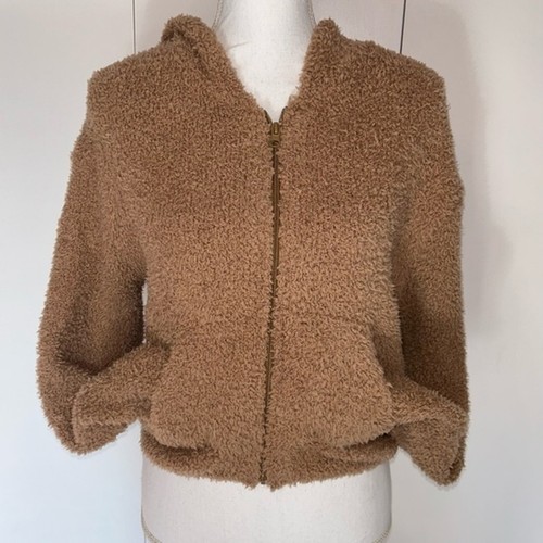 Young Fabulous & Broke Brown Fuzzy Zip Up Hoodie Sweatshirt Small Crop - Picture 2 of 9