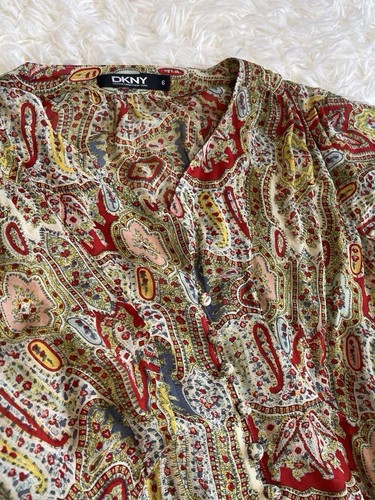 Donna Karan NY Silk Maxi Dress 6 Boho Paisley Ruffle Hem Tie Waist Lined Y2K - Picture 7 of 15