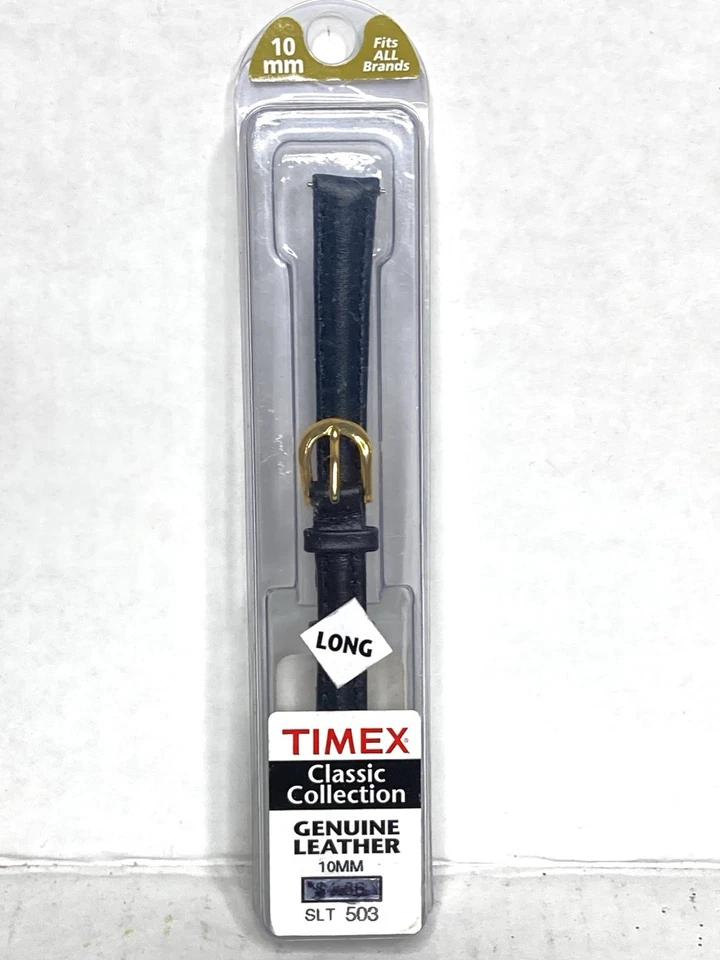 Correa de reloj Timex Classic Collection negra de 10 mm de cuero genuino larga con tono dorado Foto 4 de 4