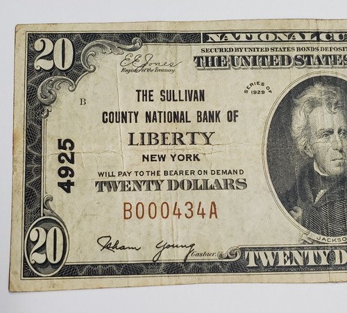 LOW SERIAL 1929 $20 LIBERTY New York, Sullivan County National Currency Banknote - Picture 2 of 7