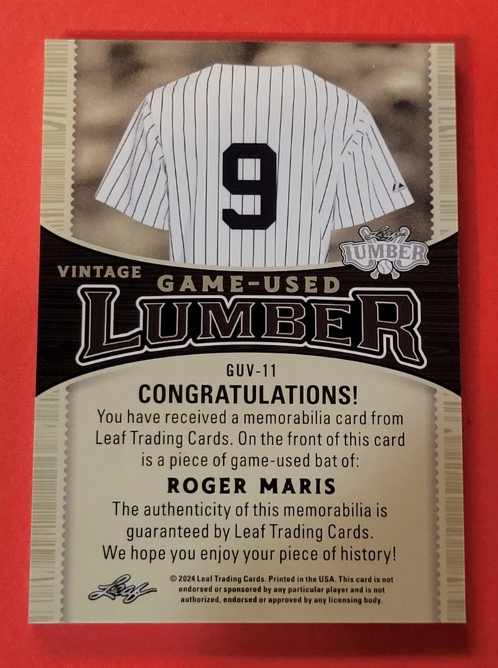Roger Maris JOGO USADO CARTÃO DE MORCEGO JUMBO #d8/9 2024 LEAF LUMBER NEW YORK YANKEES - Imagem 3 de 3