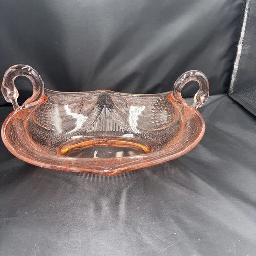 Large Vintage Fenton Depression Glass Pink Swan Handle Art Deco Bowl Dish