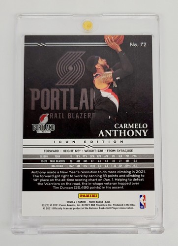 Trail Blazers Noir Carmelo Anthony Portland Trail VARIACIÓN 2020-21 SP COMO NUEVOS #/25 - Imagen 2 de 2