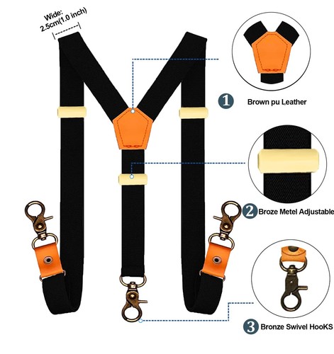 Men Black Y Back Suspenders Bronze Snap Hooks Braces for Wedding Party - Picture 2 of 6