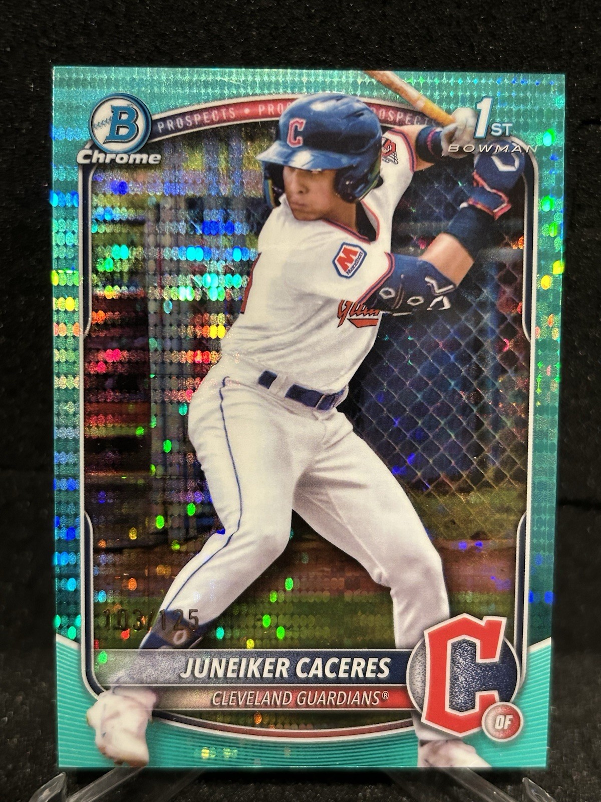 Juneiker Caceres 2025 Bowman Chrome 1st Aqua Pulsar Refractor /125 Guardians