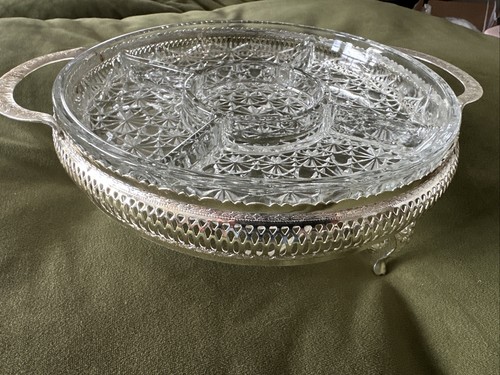 Vintage Mayell England Kristall geteilt Serviertablett filigran versilbert Ständer