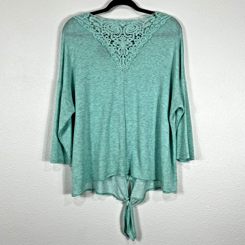 French Blue Blouse Top Women's 1X Green Teal Lace Upper Tie Back Boho - Picture 4 of 15
