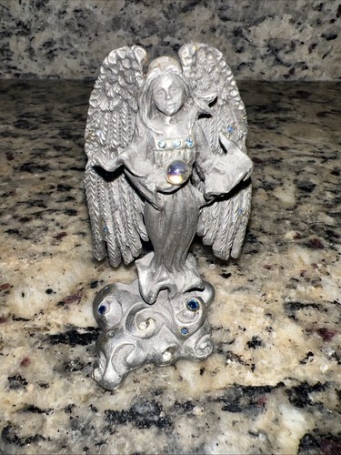 Pewter Angel Figurine holding Crystal Globe, Rhinestone Gems, 3.5" - Picture 5 of 6