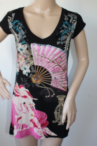 Christian Audigier Damen Jersey-Top mit V-Ausschnitt und verziertem Print Größe S/M - Bild 8 von 13