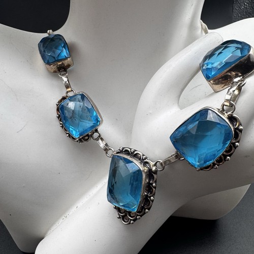Vintage Sterling Silver Blue Quartz Necklace Faceted Cushion Cut 925 Statement - Picture 3 of 16