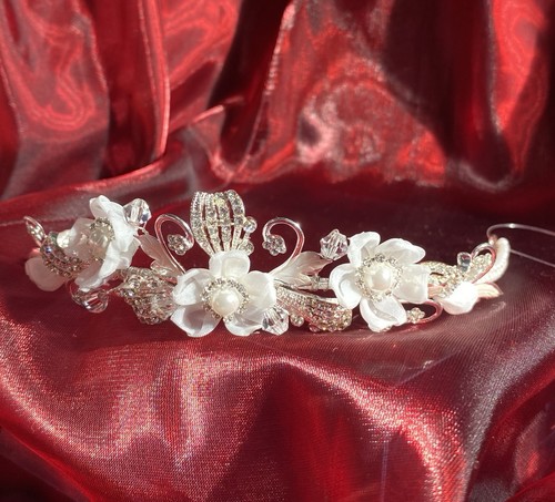Diadem Silber Floral Elfenbein Spitze Perlen Kristalle - Bild 8 von 11