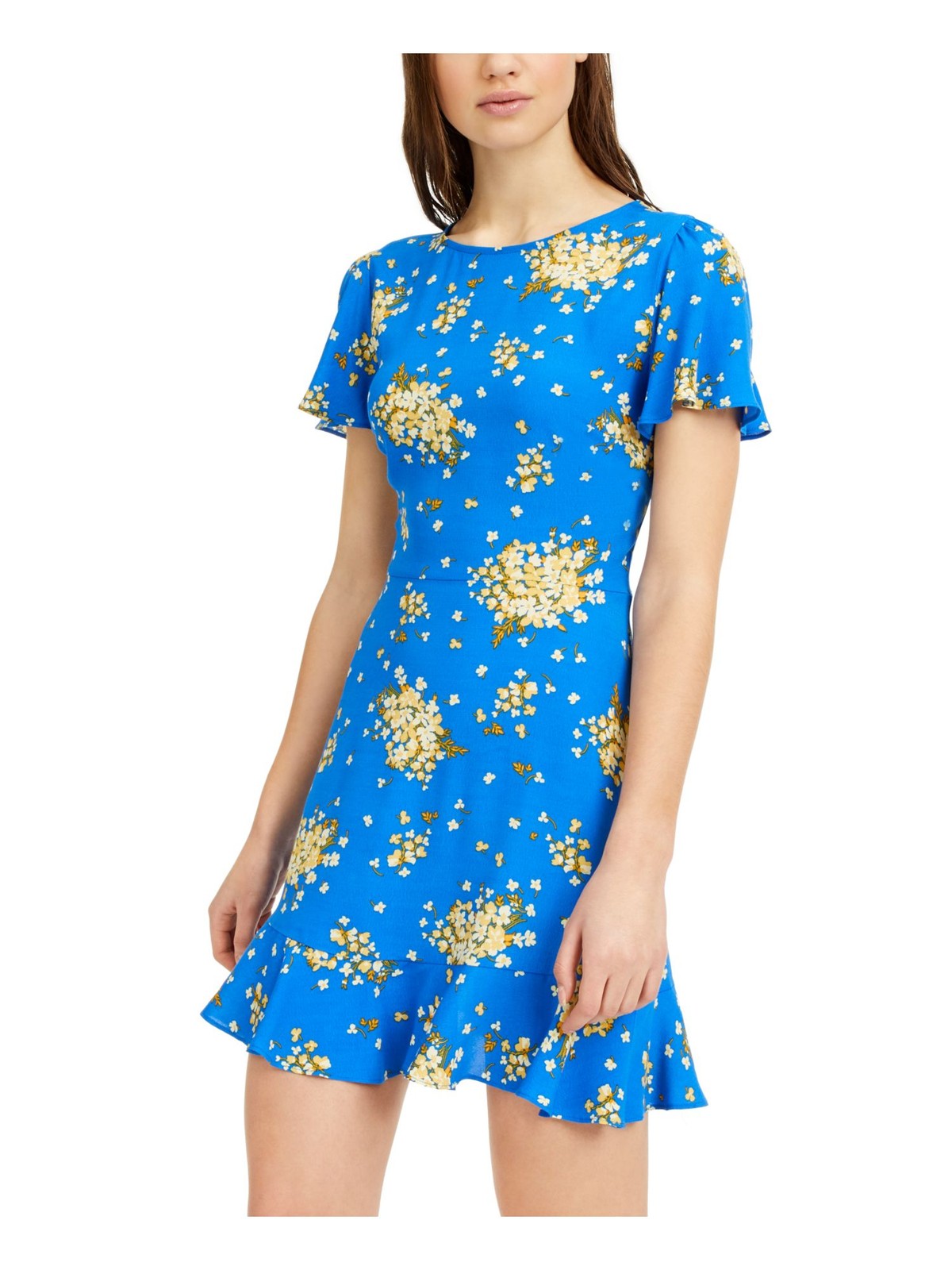 B DARLIN Womens Fit + Flare Short Dress Blue Cap Sleeve Juniors 3\4