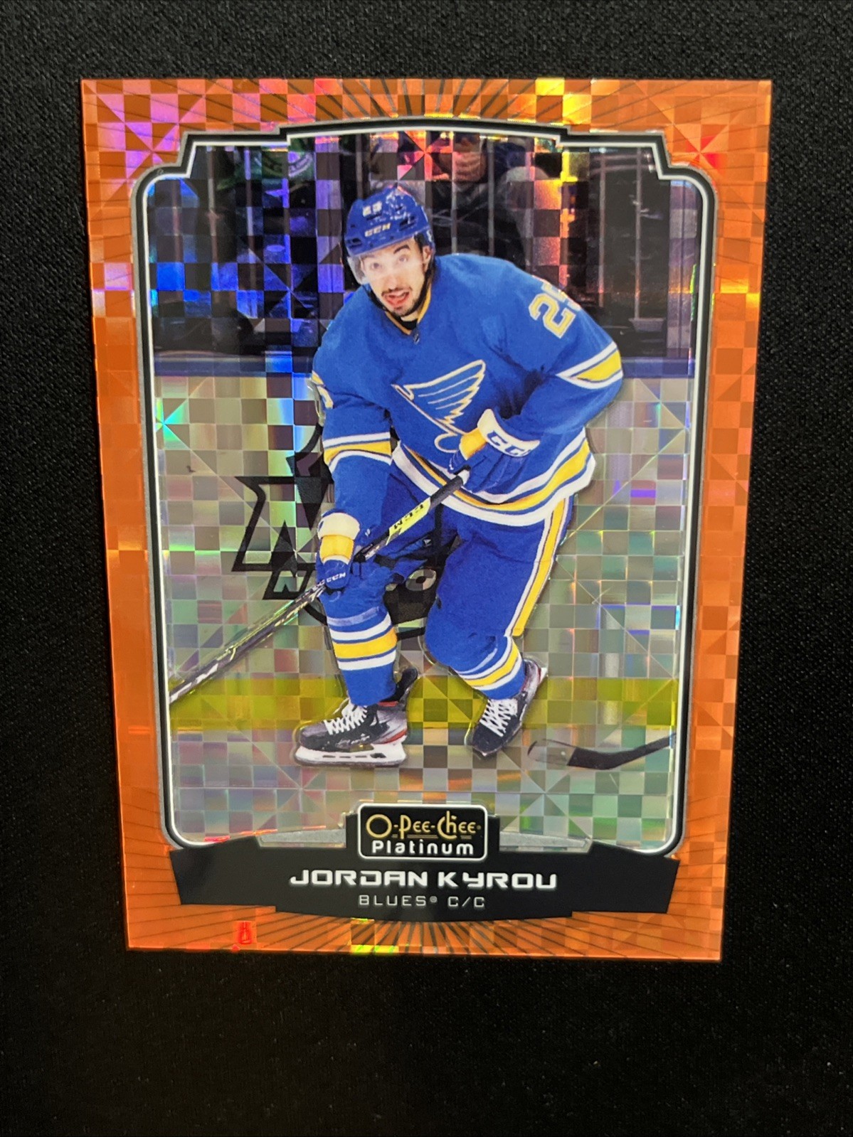 22-23 UD O-Pee-Chee Platinum Orange Checkers Parallel 12 Jordan Kyrou /25