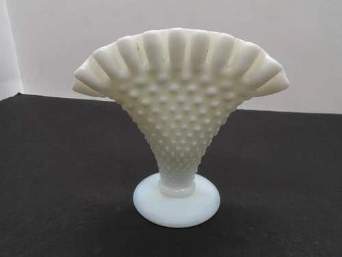 Small Fenton White Milk Glass Hobnail Fan Vase Ruffled Edge Vintage