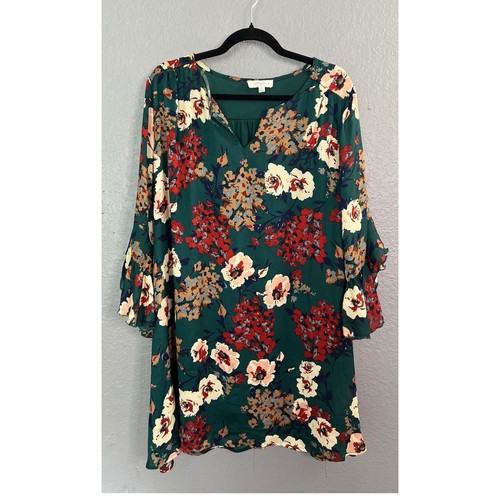Umgee Blumen Herbst Print Kleid 1XL Langarm Glocke Boho Mini Grün Popover