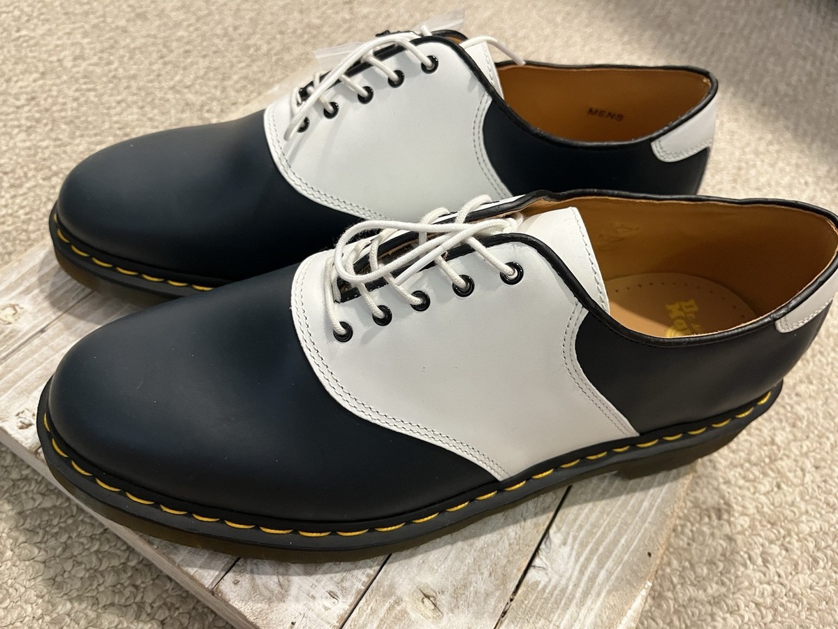Dr Doc Martens Rafi Saddle Shoes White W/ Navy Leather Mens