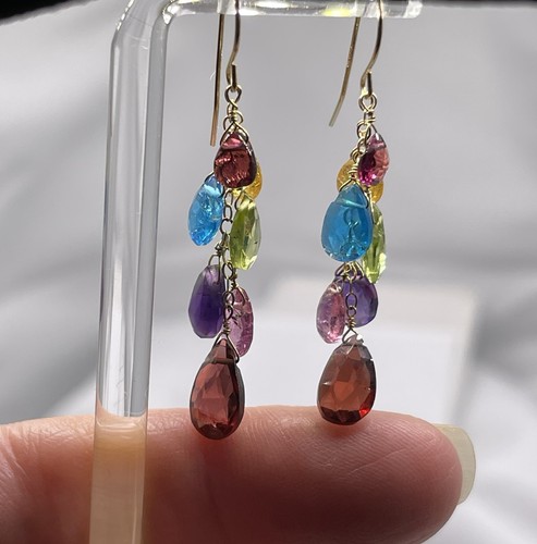 14K Solid Gold Multi Gemstone Earrings Natural Briolette Sapphire Garnet Peridot - Picture 3 of 12