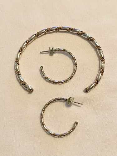 Sterlingsilber 925 zweifarbig schmal gedreht Manschette Armband & Creolen Ohrring Set