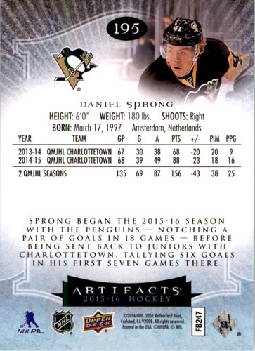 2015-16 Artifacts #195 Daniel Sprong RC /999 - Picture 2 of 2