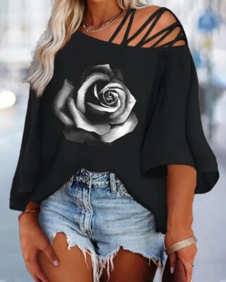 Chic Me 	Plus Size Rose Print Cold Shoulder Crisscross Top Size 4XL/Fits Like 5X