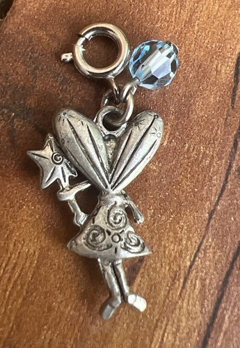 Antique Silver Pewter 23x17mm Fairy with Green Enamel Star Wand Charm Blue Bead - Picture 2 of 5