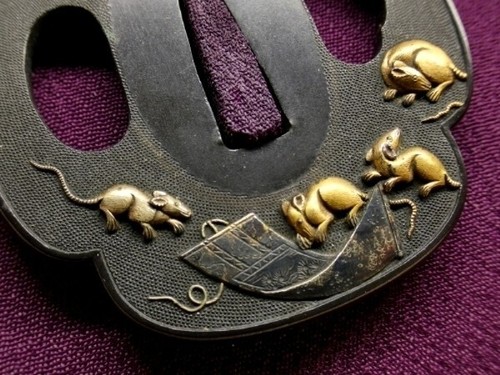 TSUBA Sword Katana Edo Era Period Copper Mouses Gold Japanese Antique with Box - Picture 3 of 9