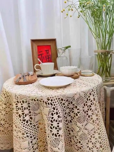 45" Beige Vintage Hand Crochet Lace Square Tablecloth Table Cloth Topper Wedding - Bild 4 von 7