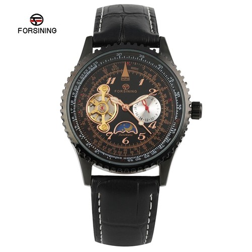 Orologio Meccanico Automatico Da Uomo FORSINING Lusso Cinturino in Pelle Orologi Fasi Lunari - Foto 13 di 15