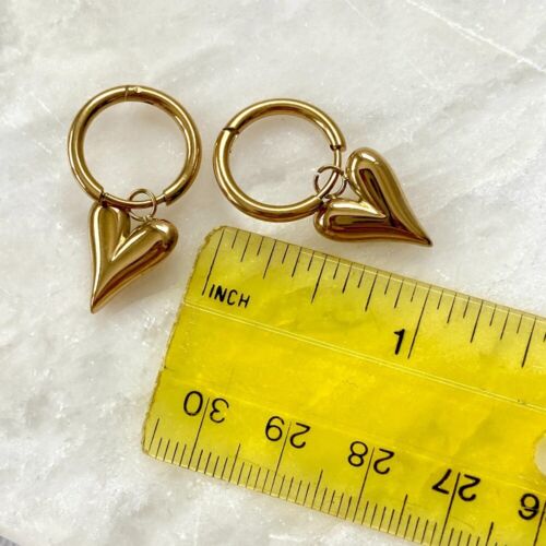 Gold Tone Heart Huggie Hoop Earrings Tarnish Free Stainless Steel - Picture 6 of 11