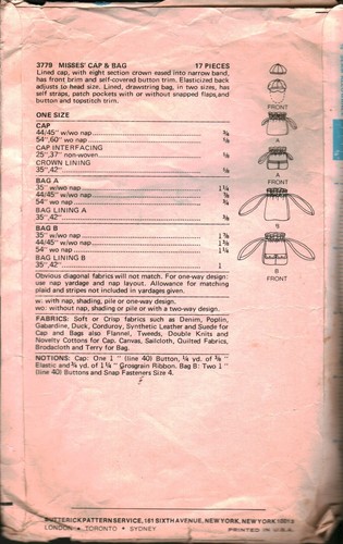 3779 Butterick SEWING Pattern CRAFT Beach Shopping Bag Purse Tote Hats Cap OOP - Picture 2 of 2