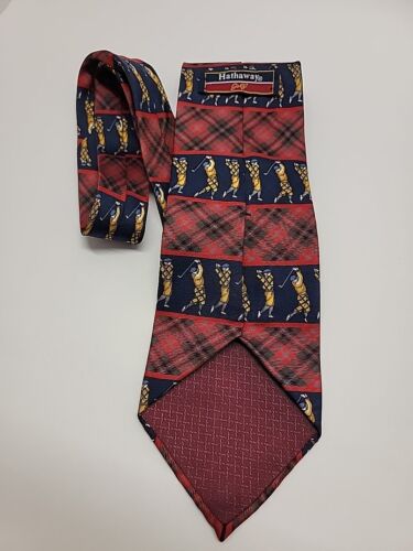HATHAWAY GOLF Vintage Golfer Tie 100% Silk Red And Blue Plaid Made In USA - Picture 2 of 8