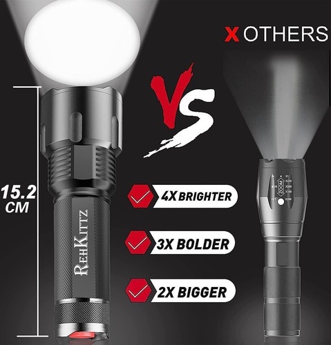 REHKITTZ LED Taschenlampe,Extrem Hell CREE Handlampe für Camping,Ausrüstung,Mili - Bild 4 von 13