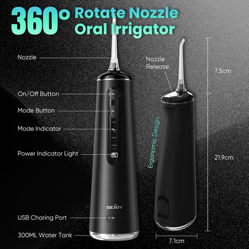 SEJOY Water Flosser Teeth Cordless 300 ML Dental Floss Oral Irrigator 8 Jet Tips - Picture 14 of 18