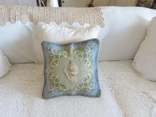 Splendido conchiglia francese BLU OCEANO nautica vintage con frange cuscino punto ago #2 - Foto 2 di 15