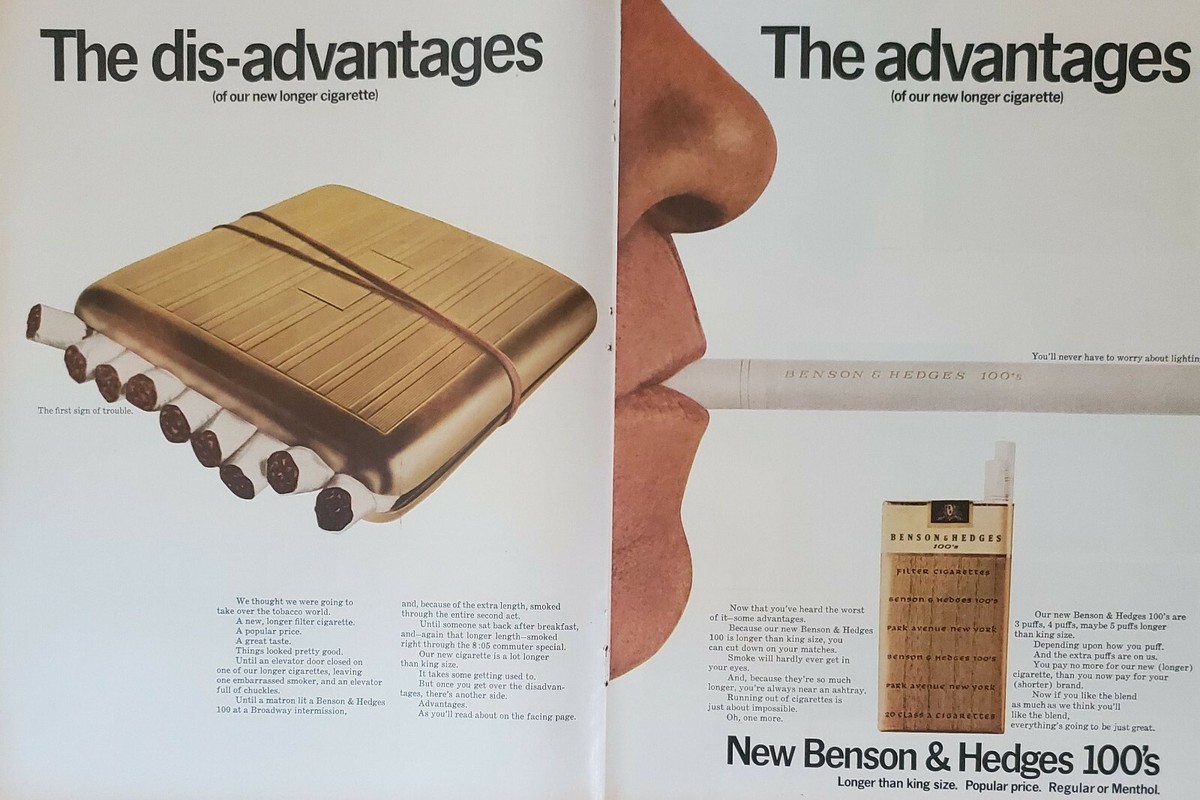 1966 Benson & Hedges 100s Cigarettes Vintage 2-Page Print Ad NICE