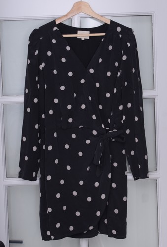 SEZANE Black Noemia V-Neck Draped Polka Dot Dress Sz 44 US 12 L - Picture 2 of 4