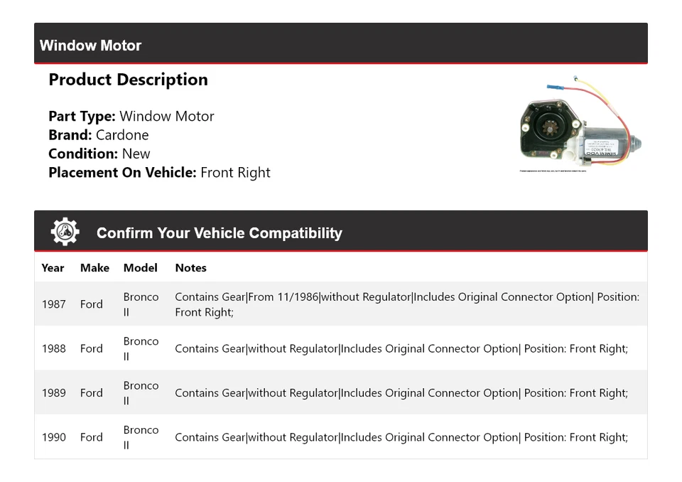 Para Ford Bronco II 1987-1990 Ventana Motor Delantero Derecho Cardone 1988 1989 Foto 2 de 4