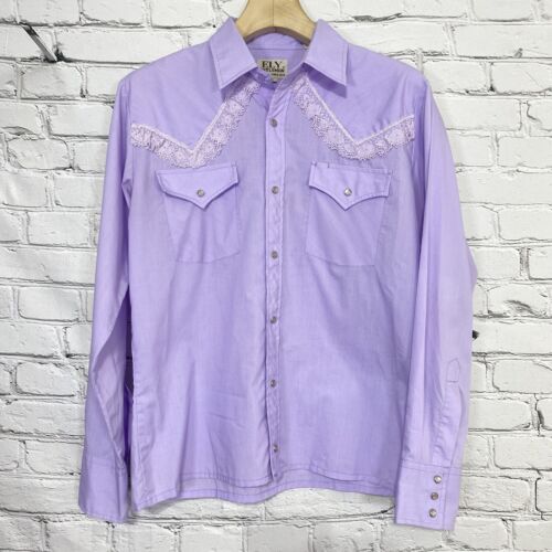 Vintage Ely Cattleman Pearl Snap Shirt Mens Size M 15.5 X 34 Lavender Lace Trim