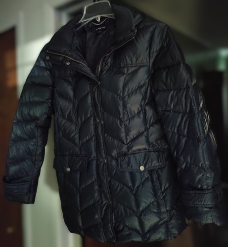 Lands End Quilted Down Coat Sz. L with detachable hood, detachable furry trim. - Picture 6 of 15
