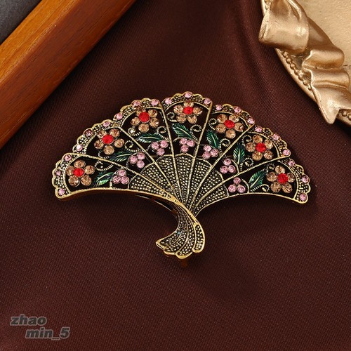 Crystal Fan Brooch Pin Vintage Gold Tone Rhinestone Brooches Wedding Jewelry - Picture 2 of 5