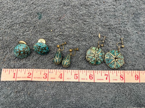 antique victorian turquoise jewelry earring lot metal art deco clip on vintage - Picture 15 of 15