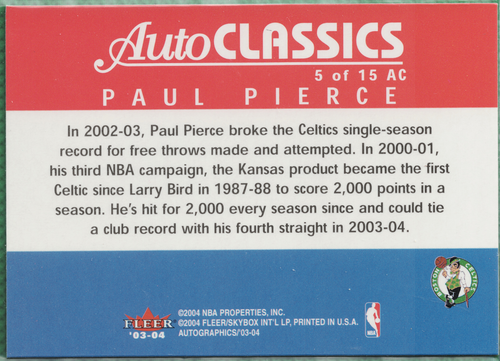 2003-04 Skybox - Auto Classics #5 AC Paul Pierce - Picture 2 of 2