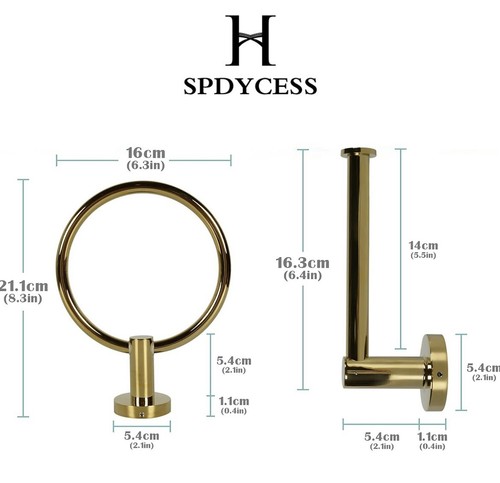SPDYCESS Wall Mounted Toilet Paper Roll Holder and Towel Holder 2 Pc Set Gold - Picture 2 of 7