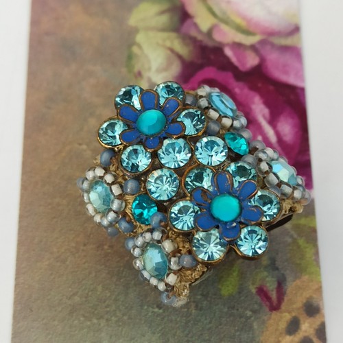 Michal Negrin Wide Chunky Band Ring Azure Light Blue Floral Crystals Statement - Picture 22 of 22