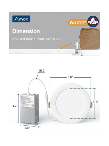 Amico 20 Pack 6 Inch 5CCT Ultra-Thin LED Recessed Ceiling Light with Junction... - Picture 6 of 6