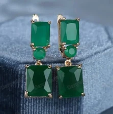 Antique Style Art Deco Emerald Cut Green Gemstone DROP EARRINGS Leverback