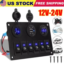 6 Gang Rocker Switch Panel Blue LED Waterproof Breakers Car Marine Boat RV 12V